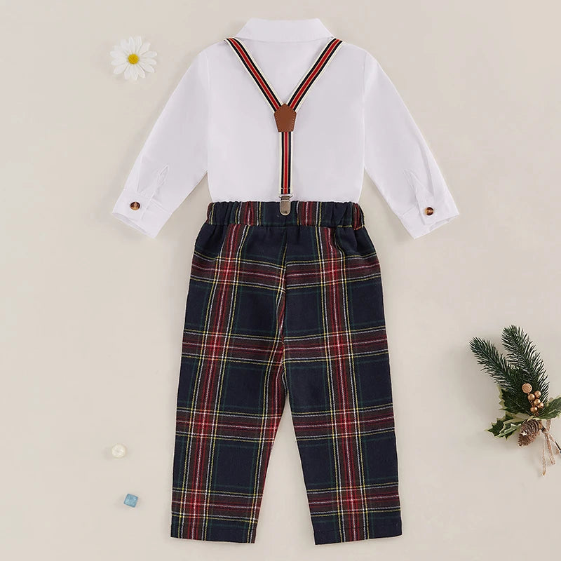 Toddler Boy Formal Wear Stylish Long Sleeve Shirt with Bowtie and Plaid Suspender Pants 2 Piece Set for Special Occasions