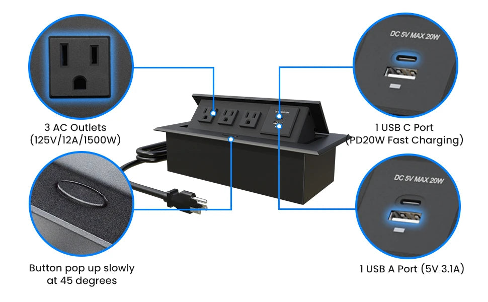 Conference Table Power Outlet  Type-C Fast Charging Pop Up Table Hub Connection Box with 3AC Outlets and USB Port