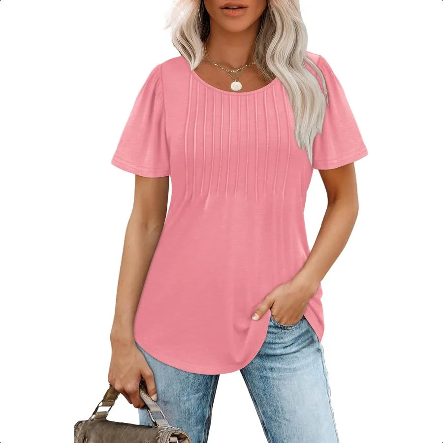 Women's T Shirts Short Sleeve Pleated Scooped Neck