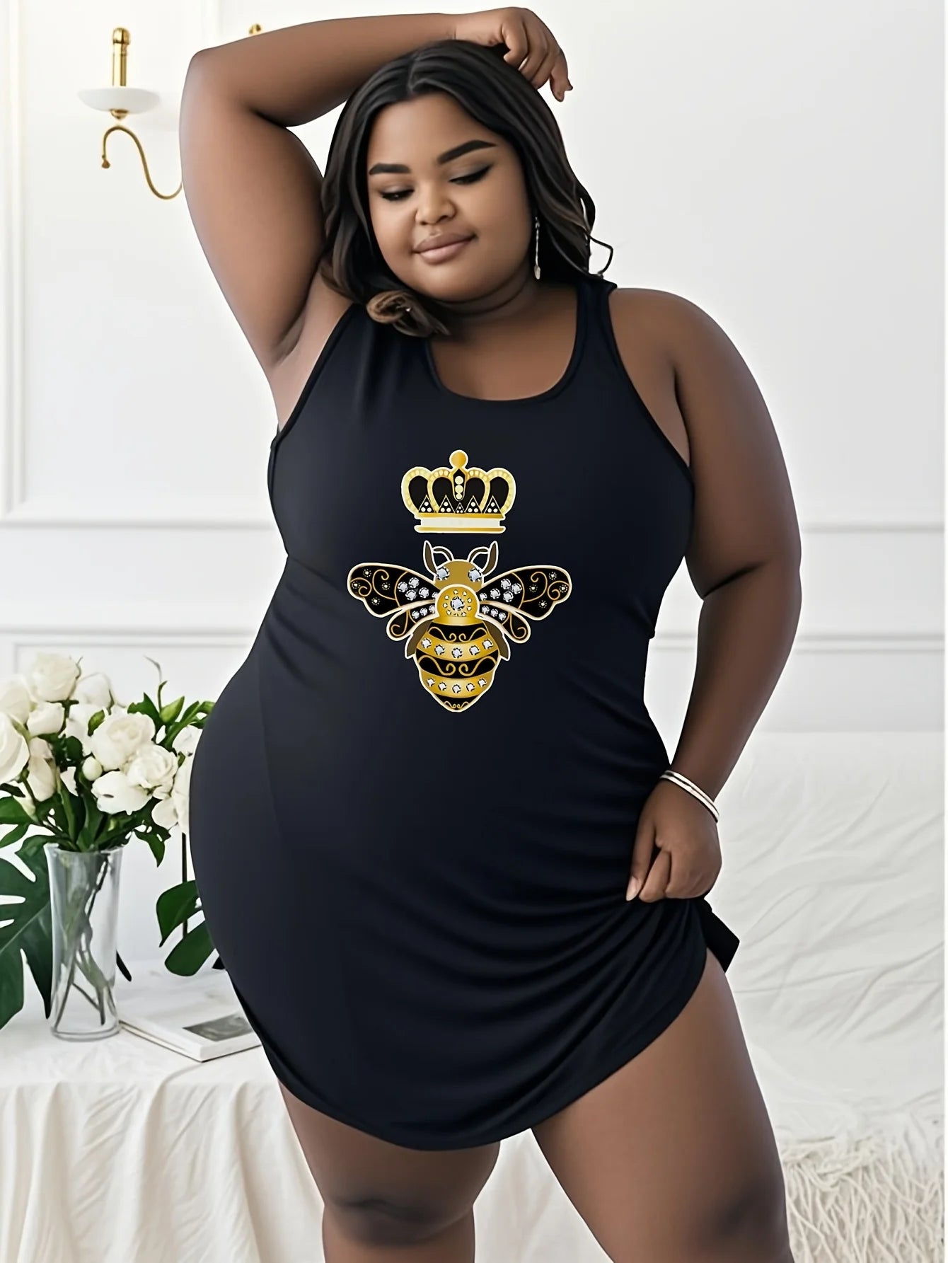 Women's  plus size T shirt dress, Bee With Crown And Diamonds