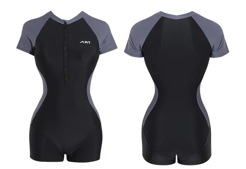 New Short Sleeve Swimsuit Women One Piece Rash Guards Surf Bodysuit Zipper Swimwear