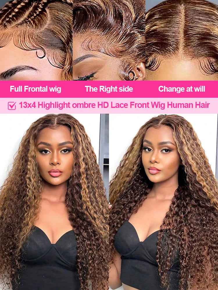Wear and Go Glue less Wigs, Highlight Ombre Curly Wigs Brown 13x4 HD Lace Frontal Human Hair Wigs