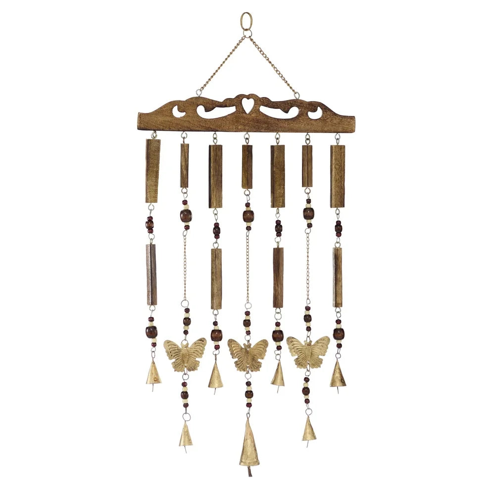 26 Inch Brown Wood Butterfly Wind Chime with Beads