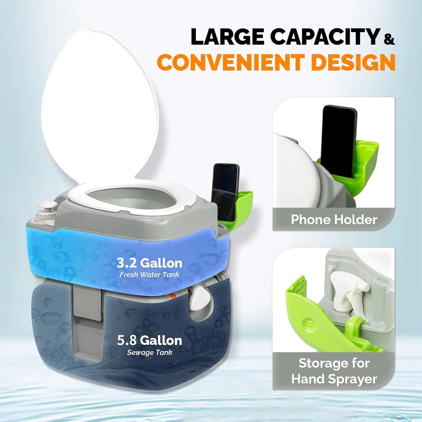 Portable 5.8 Gallon Camping Toilet with Hand Spray, Large Capacity Tank for Camping, Boating