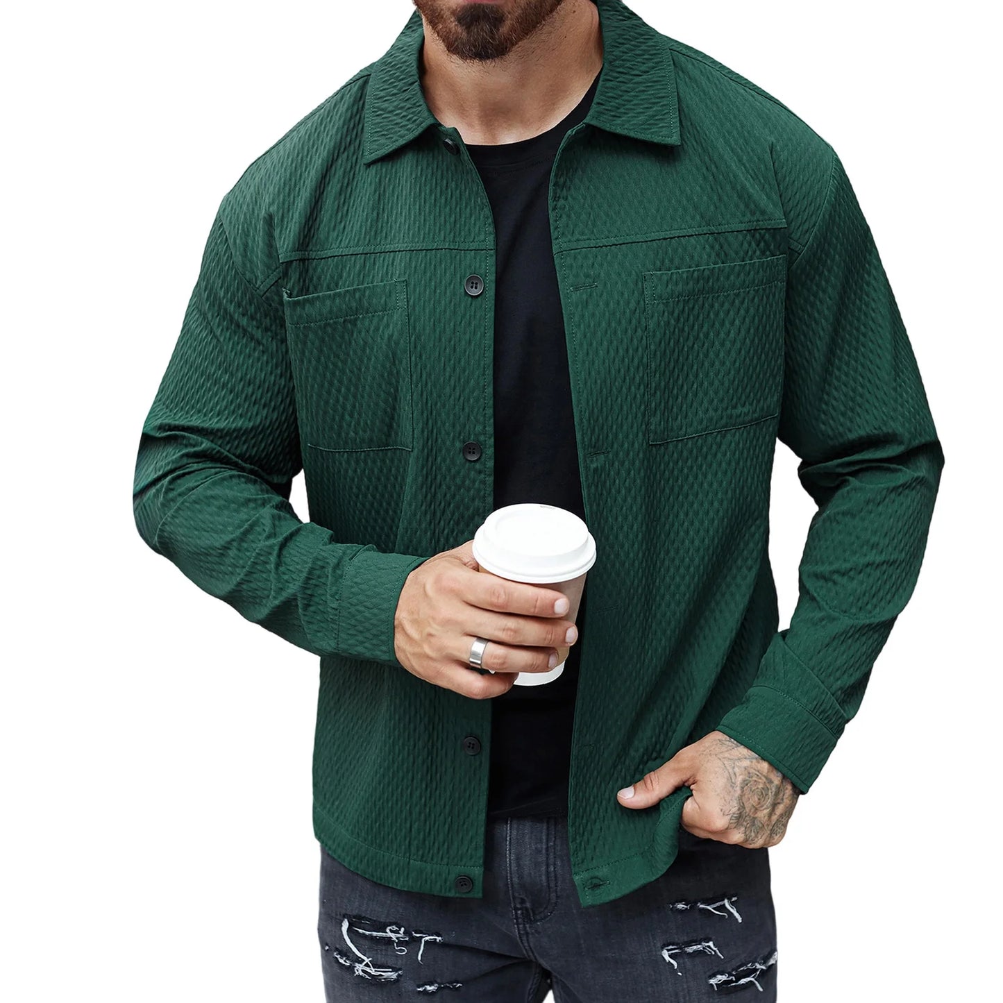 Men s Casual Shirt Jacket Regular Fit Solid Color Long Sleeve Button-up