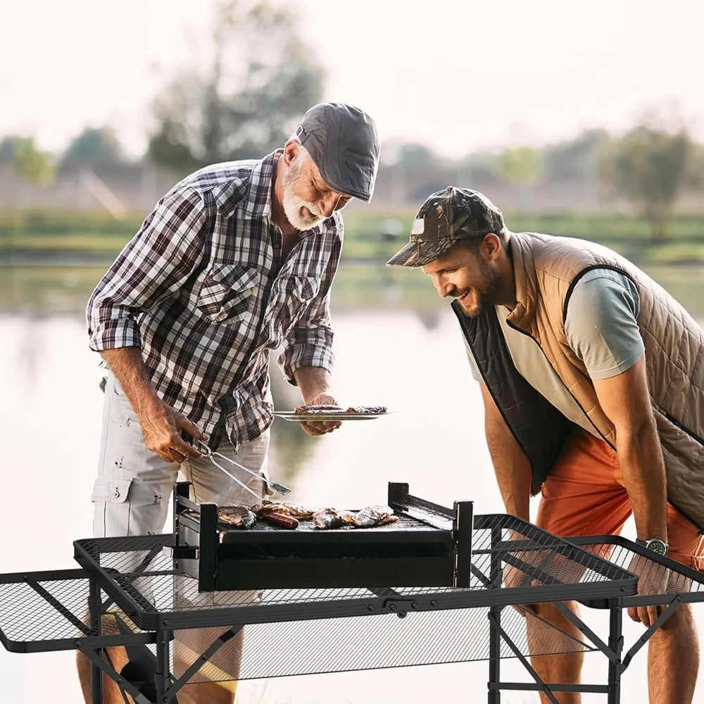 Folding Table with 2 Wing Panels, 3x2 FT Camping Table with Mesh Top ,Height Adjustable Folding Grill Table