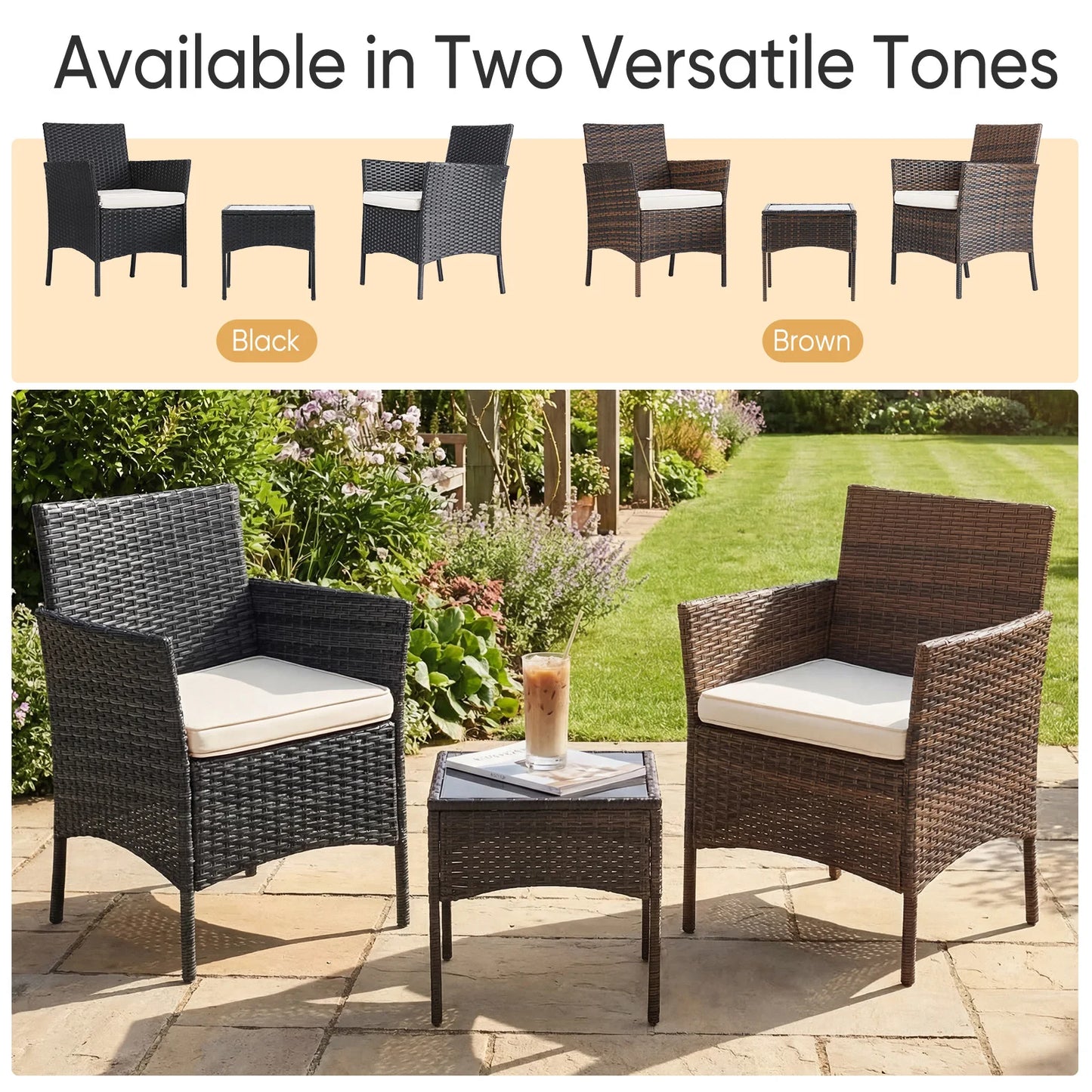 3 Piece Outdoor Patio Furniture Set,  2 Manual Weaving Wicker Rattan Patio Chairs with Soft Cushion and Glass Table