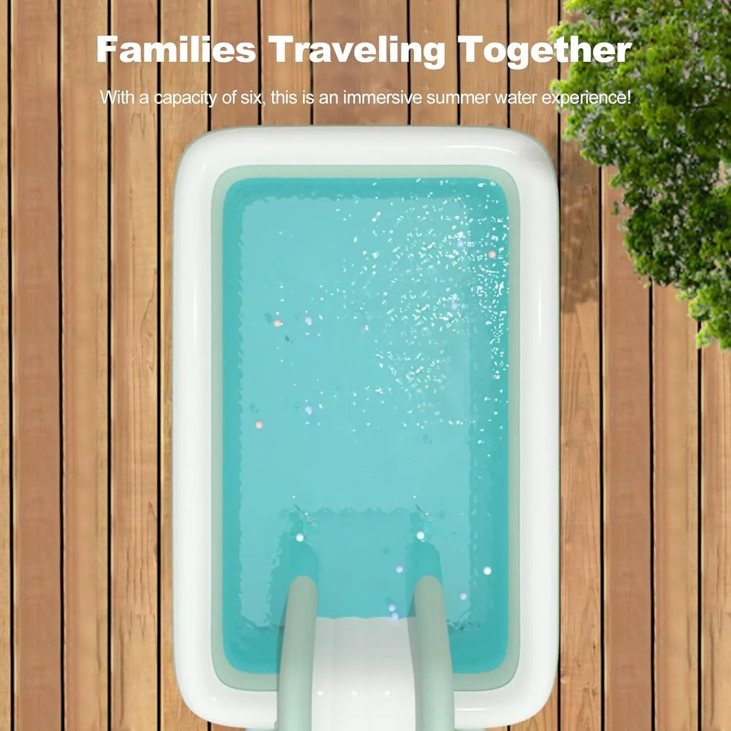 Shaded Summer Swimming Pool. The Outdoor Inflatable Swimming Pool has a Built-in Slide. Above Ground Swimming Pools for Children