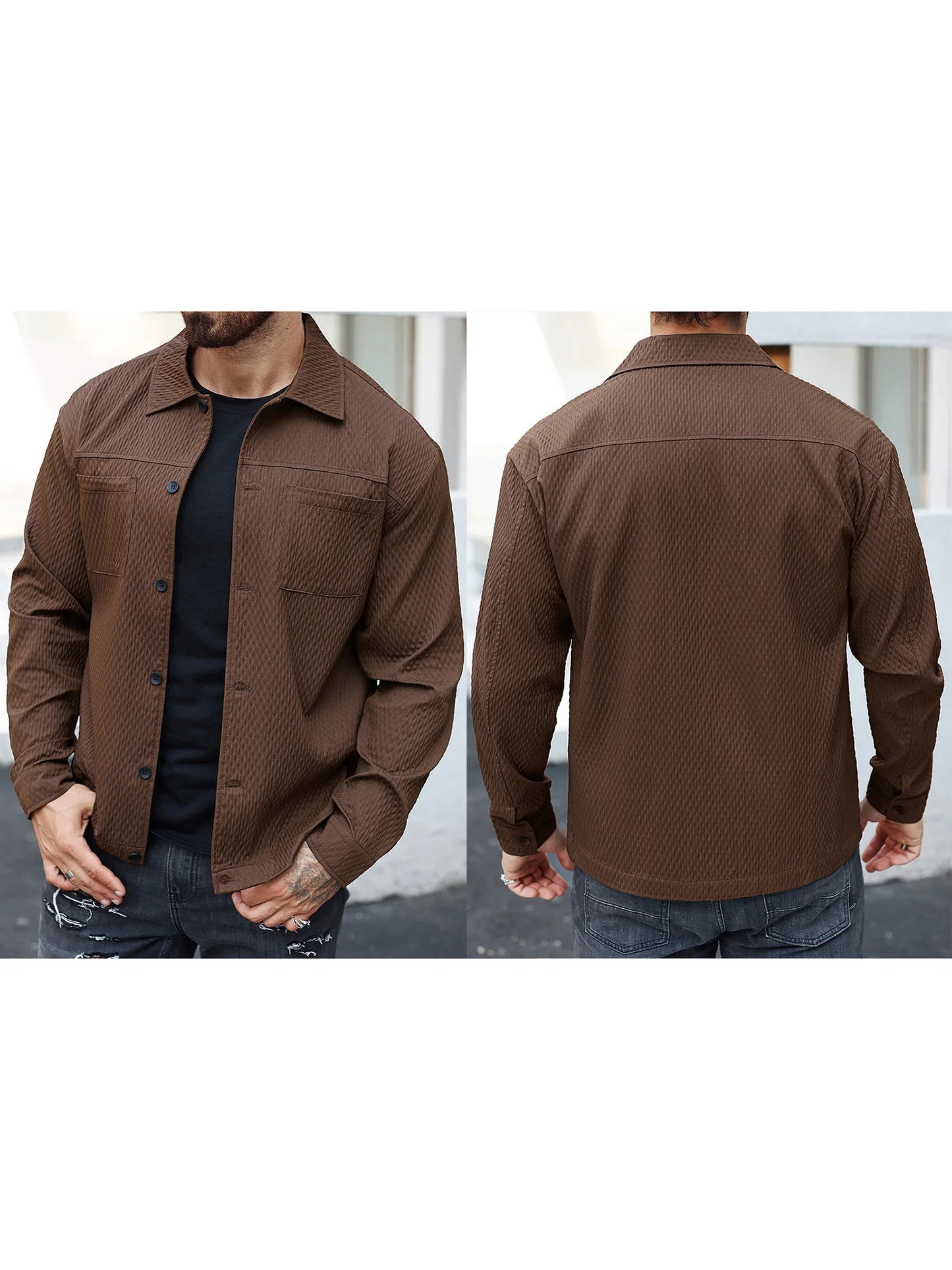 Men s Casual Shirt Jacket Regular Fit Solid Color Long Sleeve Button-up