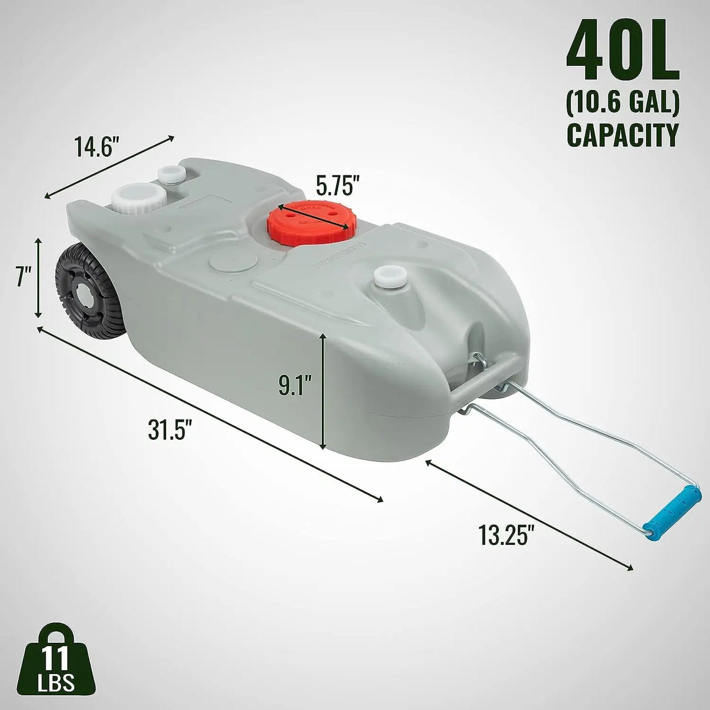 Portable RV Water Tank with Wheels, Quick Drain/Fill, Foldable Handle for Camping, Trailers and Caravans - Available in 3 Sizes.