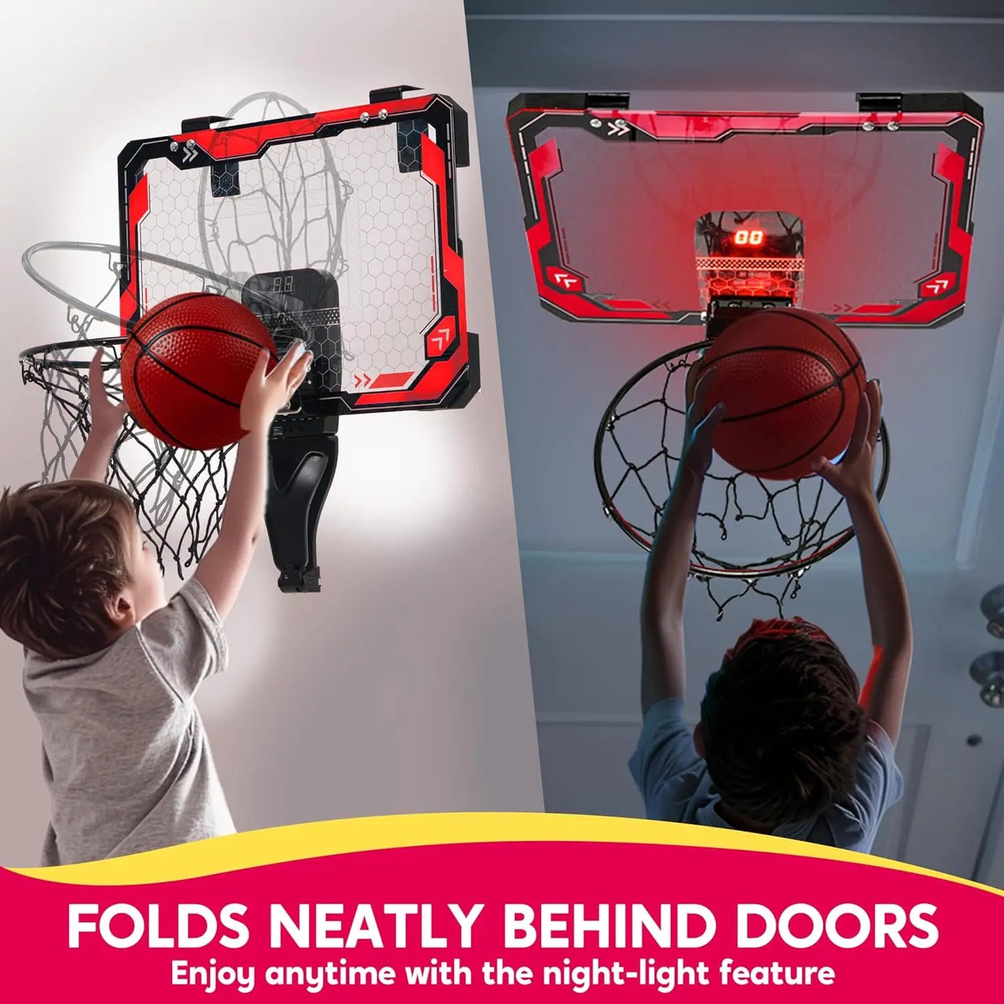 Mini Basketball Hoop Light Up Over The Door Basket Ball Hoop for Kids Toys Birthday Gifts with Scoreboard & 4 Balls