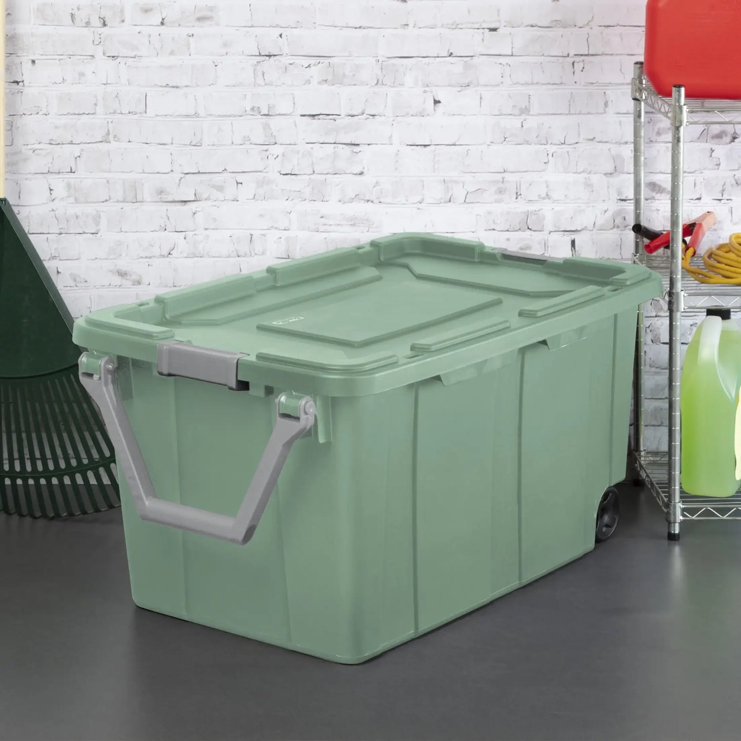 40 Gallon Wheeled Industrial Tote, Plastic Green Sage, Set of 2