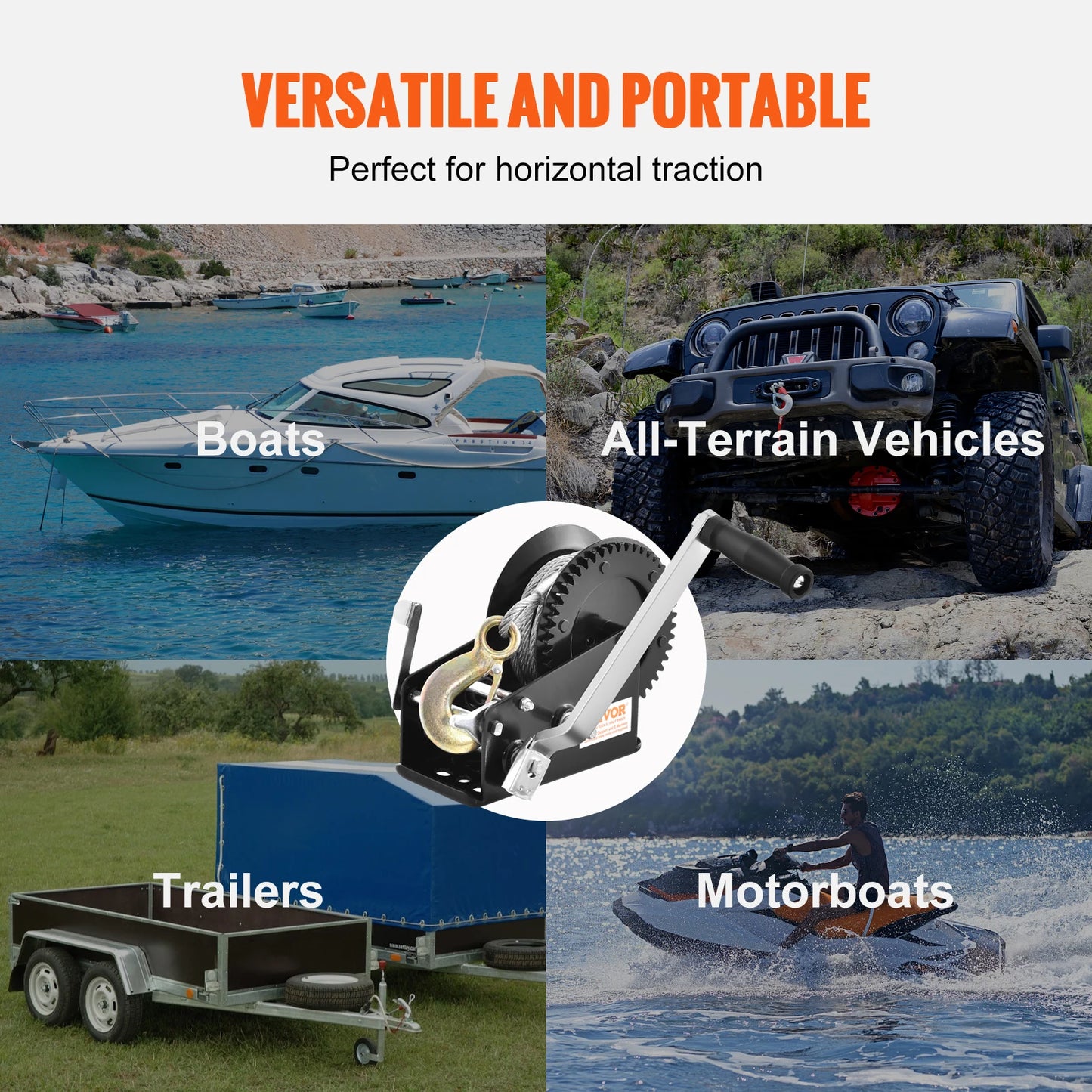 Boat Trailer Hand Winch, Heavy Duty Crank with 33 ft Steel Wire Cable and Two-Way Ratchet for Trailer Boat