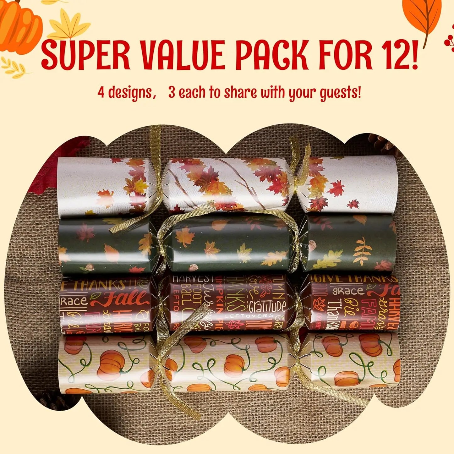 12 Pack Thanksgiving Party Favor, No Snap No Popping with Party Hat, Joke & Gift Inside