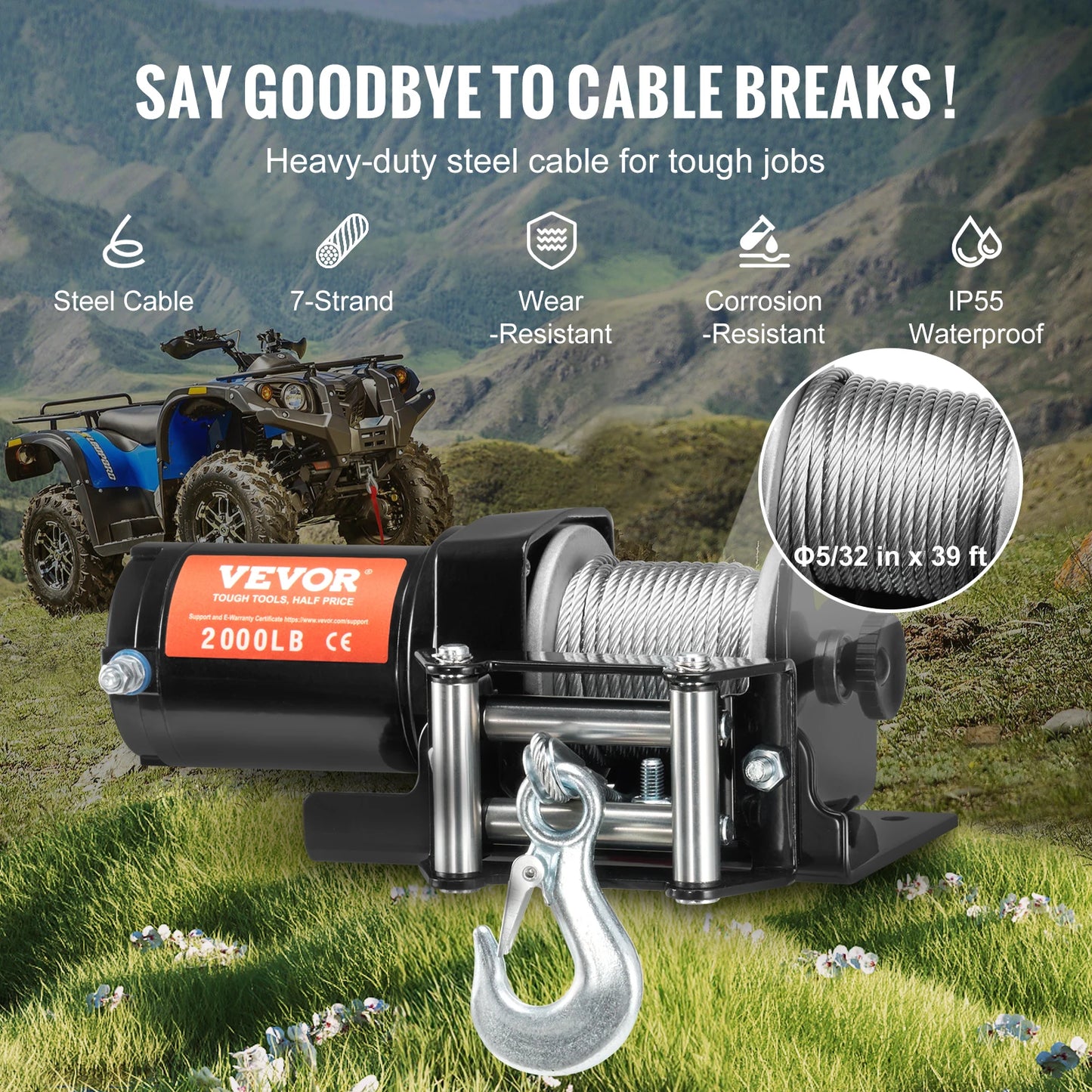 2000lbs Electric Car Winch, ATV/UTV Steel Cable Winch with Wired Remote Control for Towing, Off-Road Vehicle