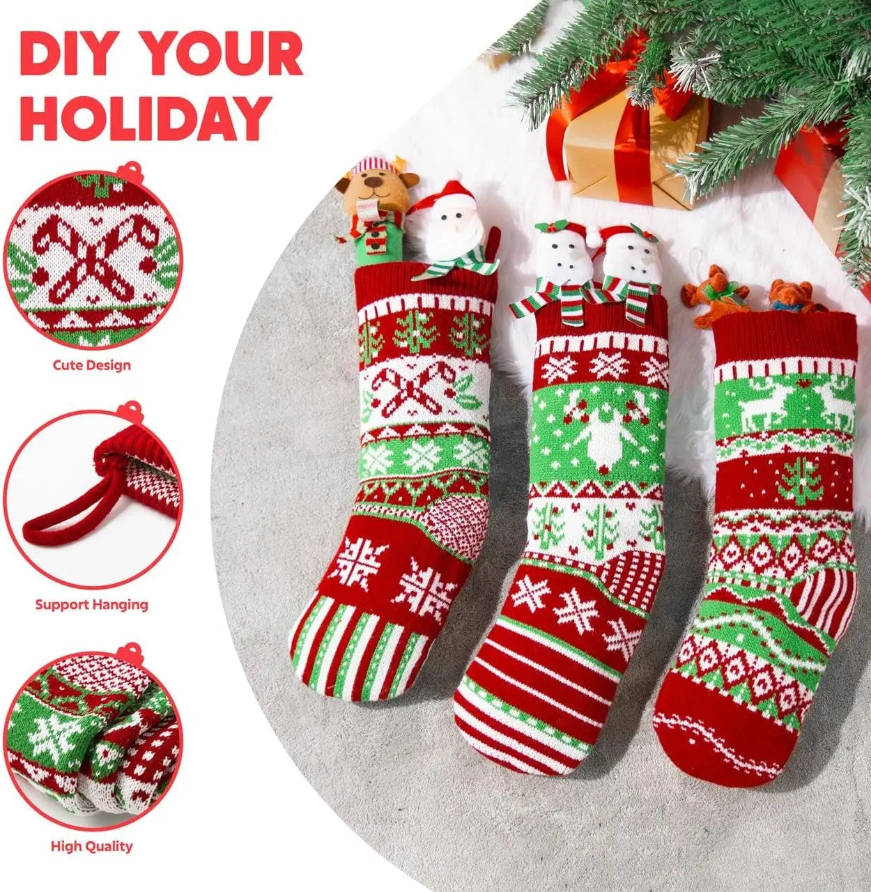 3 Pack 18” Christmas Stockings Large Size, Rustic Cable Knit in Red & Green