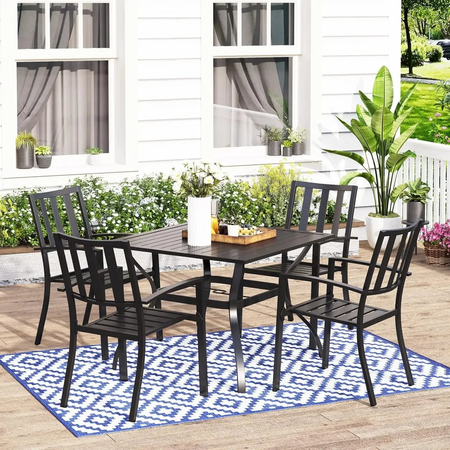 Outdoor Dining Set for 4, Patio Table and Chairs Set with Umbrella Hole, Metal Patio Furniture Set