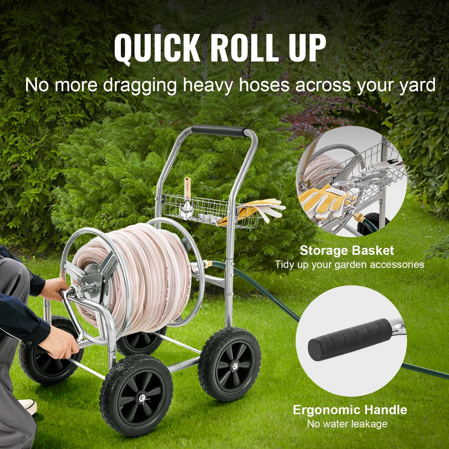 Hose Reel Cart 250ft Heavy Duty Garden, Yard Planting, W/ Basket. Effortless Roll-up
