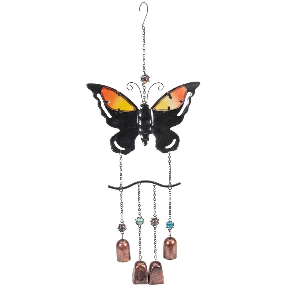 24 Inch Butterfly Wind Chime Outdoor Decor with Faux Jewels 4 Bell Chimes Easy Hang Metal Chain Garden