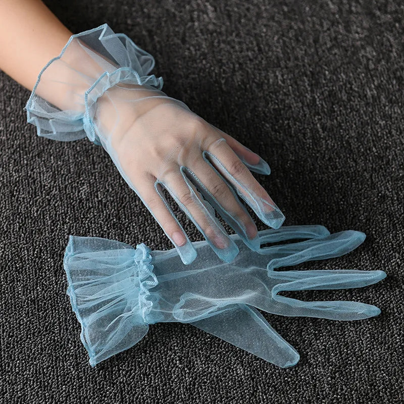 Women Short  Gloves, Summer Wedding White Black Elegant Gloves. Stretchy Lace Full Finger Mesh Transparent