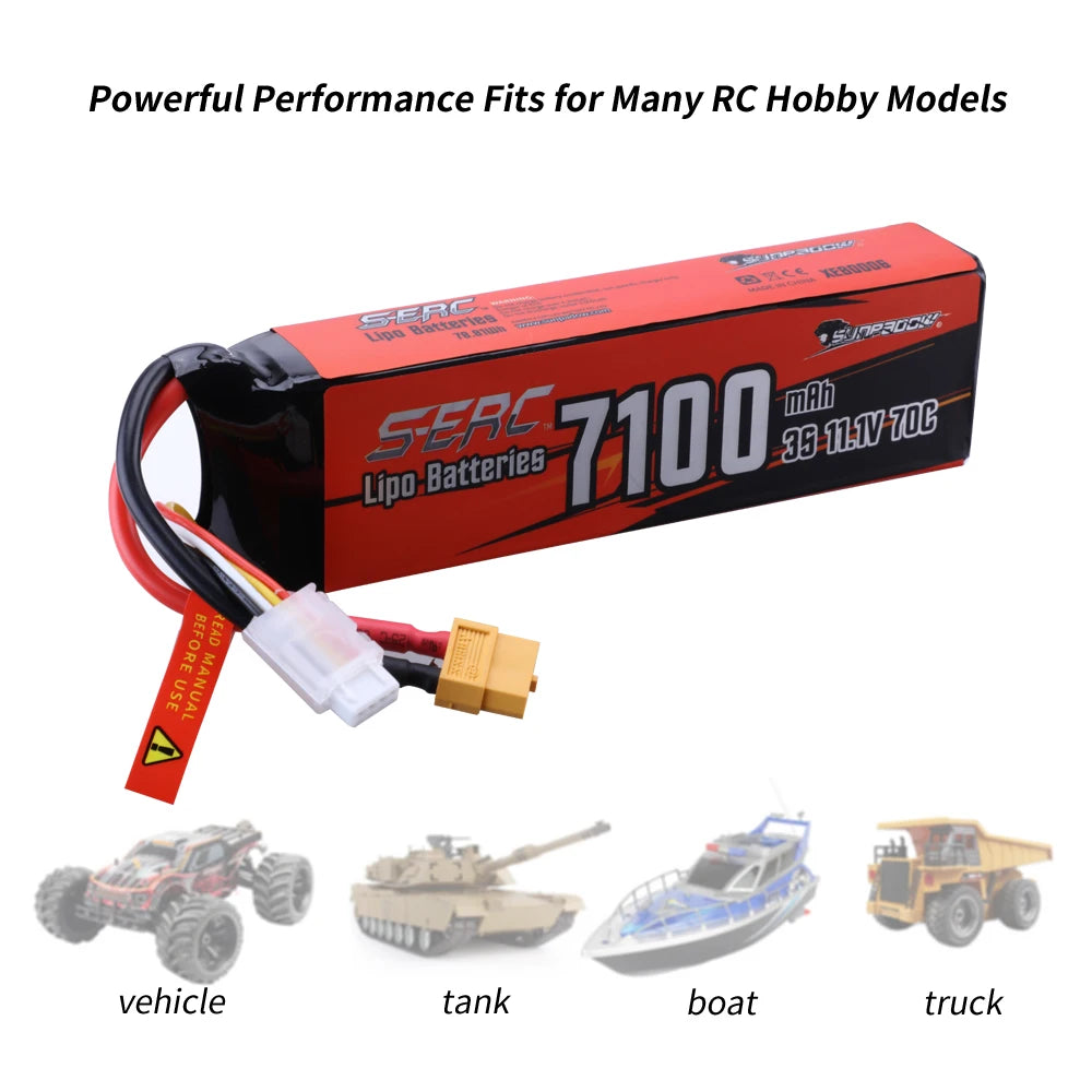 3S Lipo Battery 11.1V XT60 Plug 7100mAh 70C Soft Pack for RC
