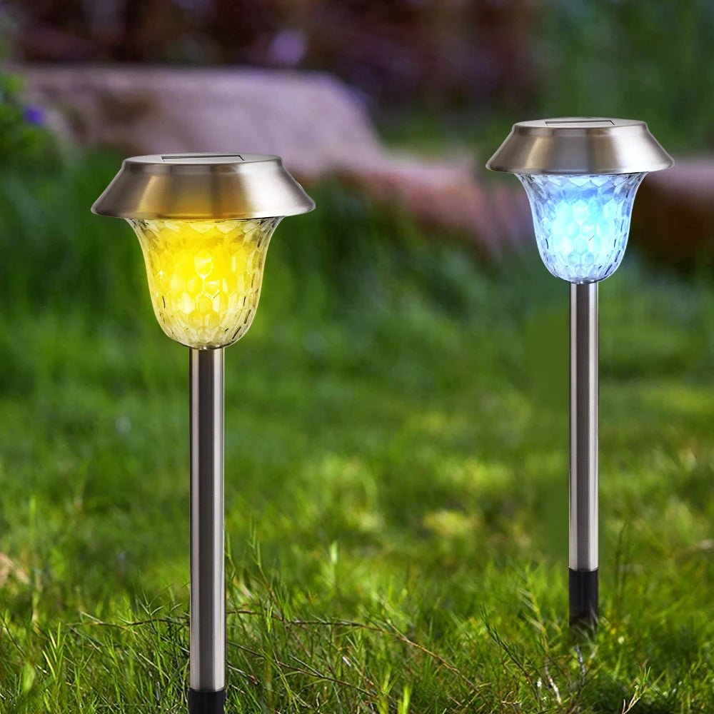 6pack Solar Powered Stainless Steel Warm White/RGB Color-changing Garden Lawn Lights, waterproof LED Yard Stakes