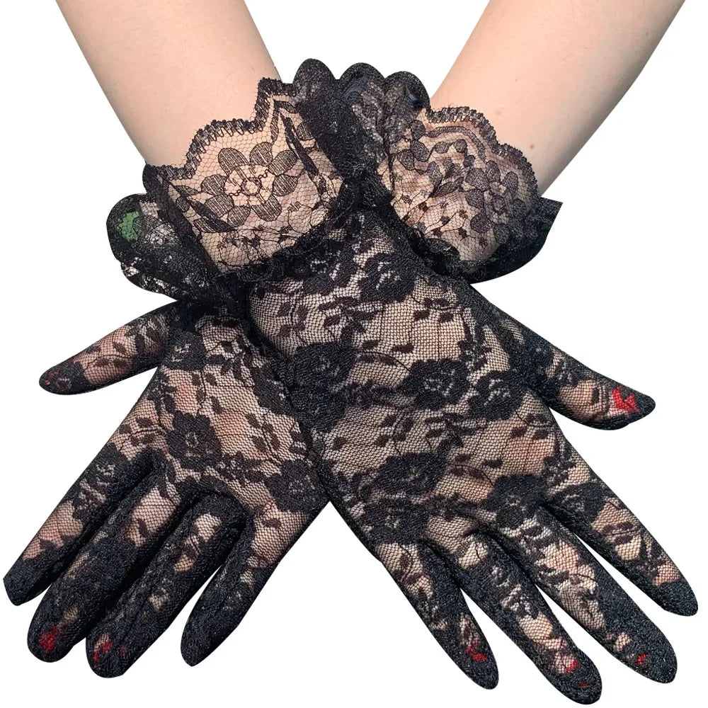 Women Sexy Lace Short Tulle Gloves, Elegant Lady Lotus Leaf Sheers, Bridal lace gloves