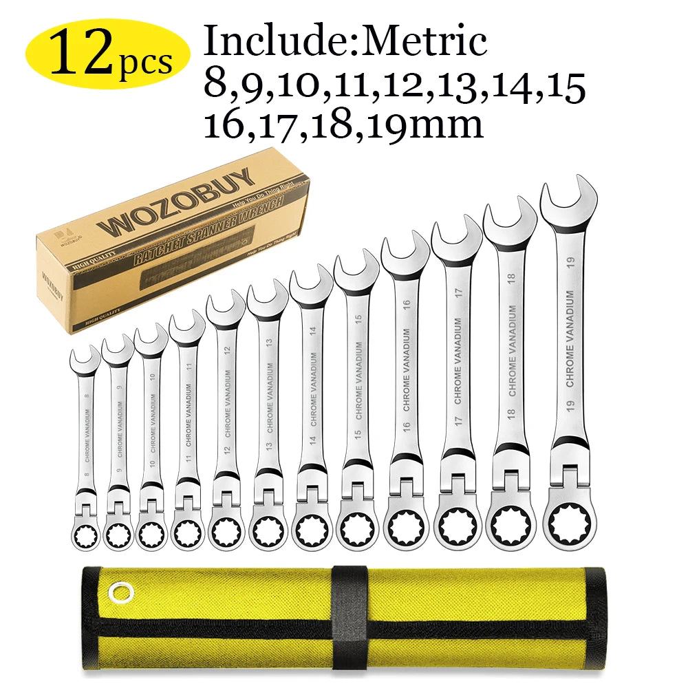 12/14/16/17pcs Flex-Head Ratchet Wrench Set, 6-26mm, 72 Teeth, Cr-V Constructed Combination End