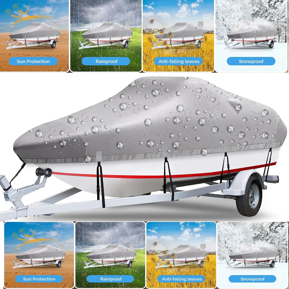 Boat Cover, Heavy Duty 420D Silver-coated Oxford Cloth Trailerable Boat Covers,Waterproof & Sun-proof,For Fish Boat,V-Hull Boat