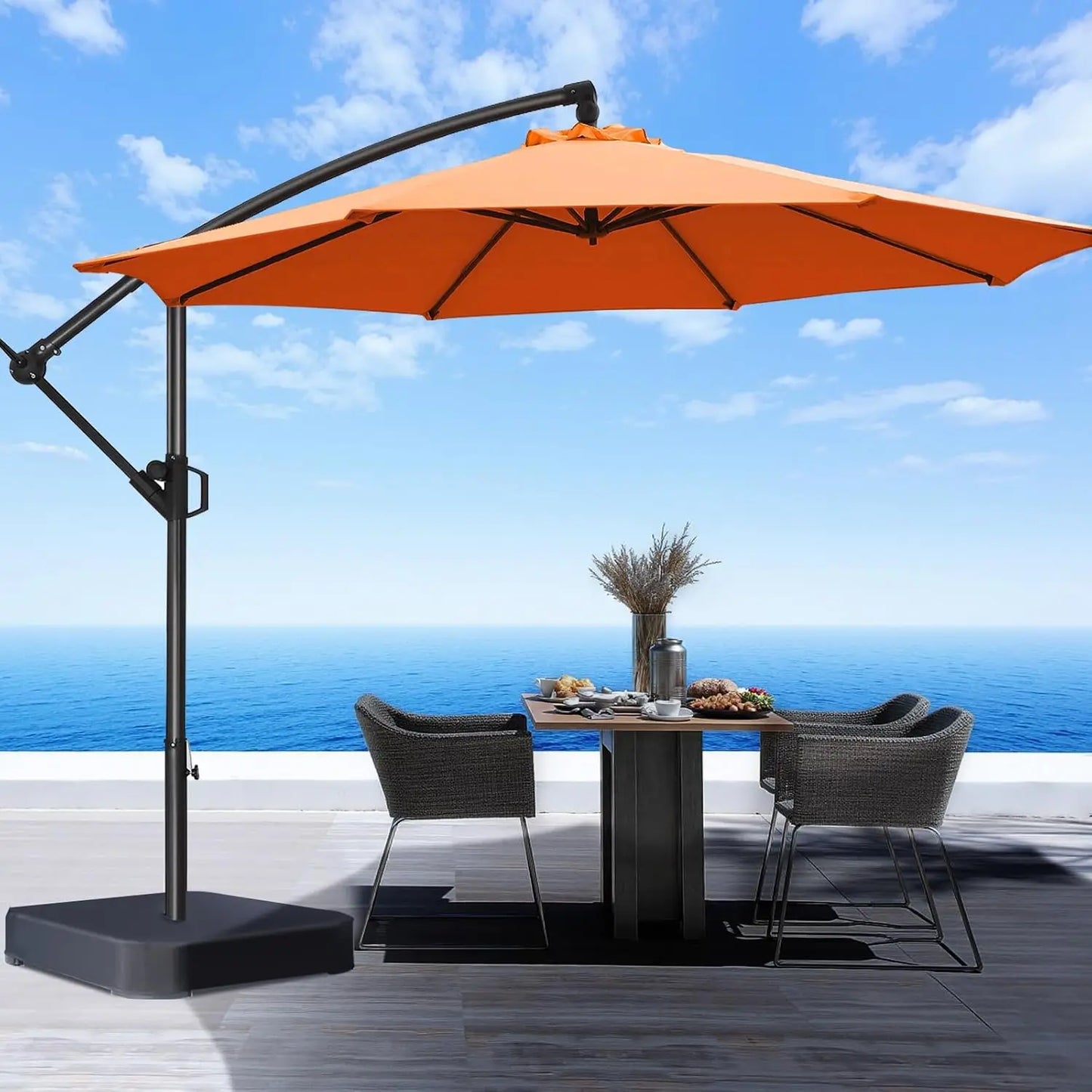 10ft Offset Patio Umbrella - w/Base, Cantilever Offset Hanging Patio Outdoor Umbrella. UPF50+ UV Protection