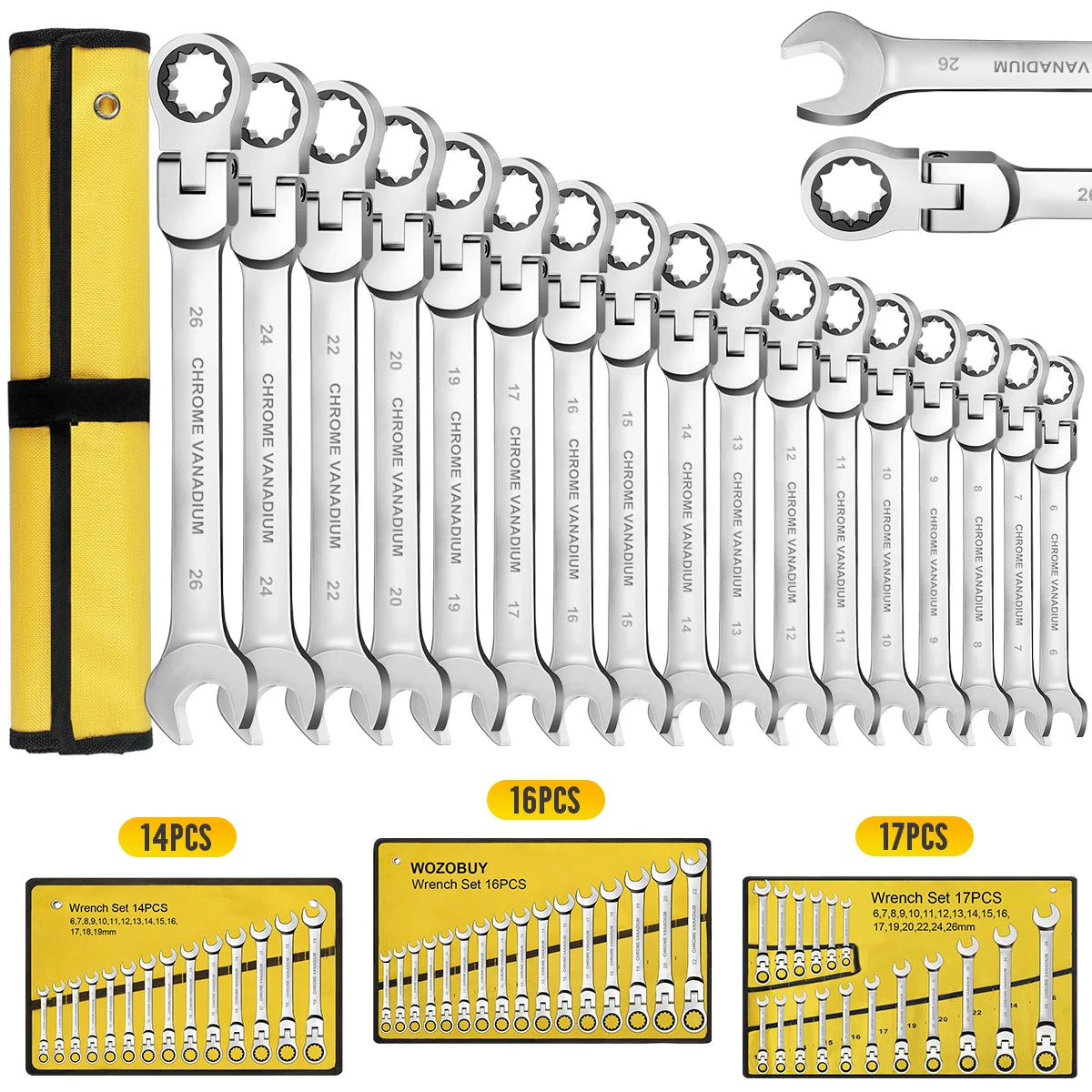 12/14/16/17pcs Flex-Head Ratchet Wrench Set, 6-26mm, 72 Teeth, Cr-V Constructed Combination End