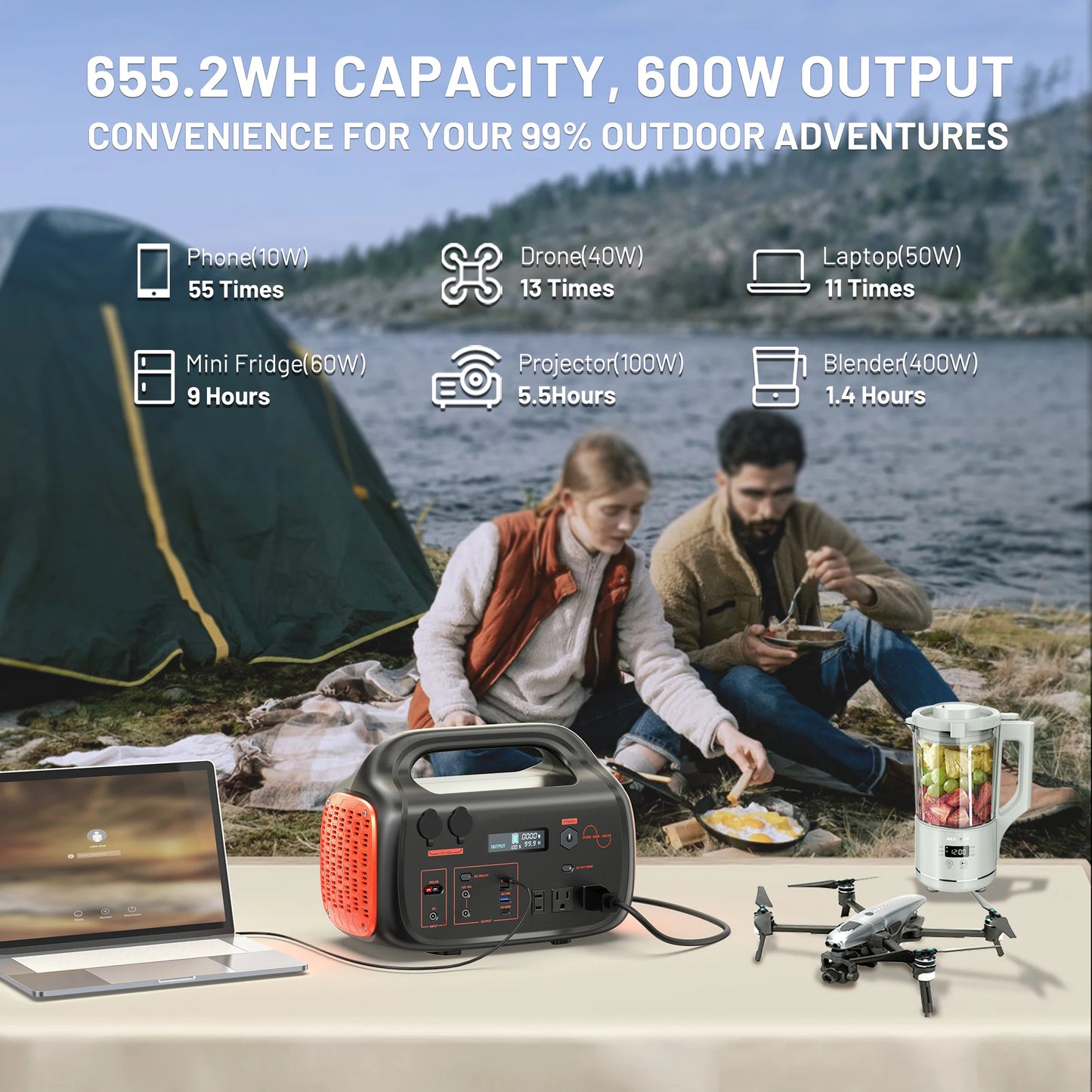 655Wh 600W Portable Generator Power Station 120V/60HZ AC Outlets for Outdoor Camping RV Home Home Emergency Outdoor Indoor