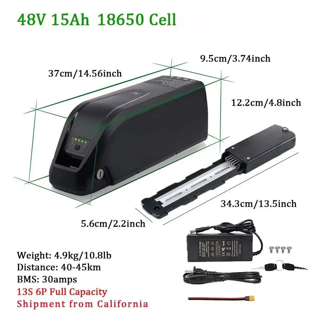 36V 48V 52V Hailong Ebike Battery with Charger Full Capacity 10Ah 15Ah 20Ah Powerful 18650 Lithium Battery Pack
