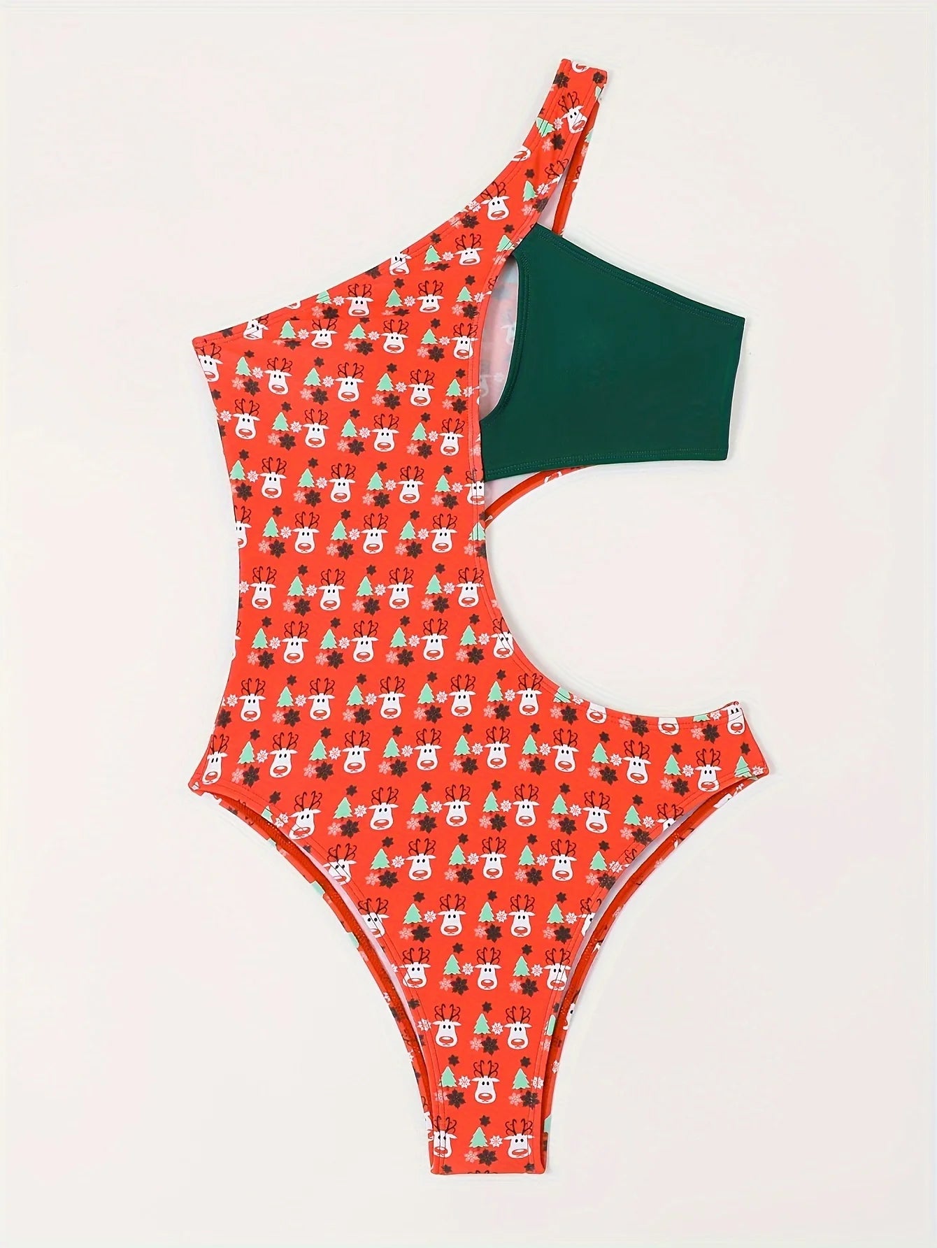 Women's one-piece swimming suit - asymmetrical shoulder design - Christmas-themed print