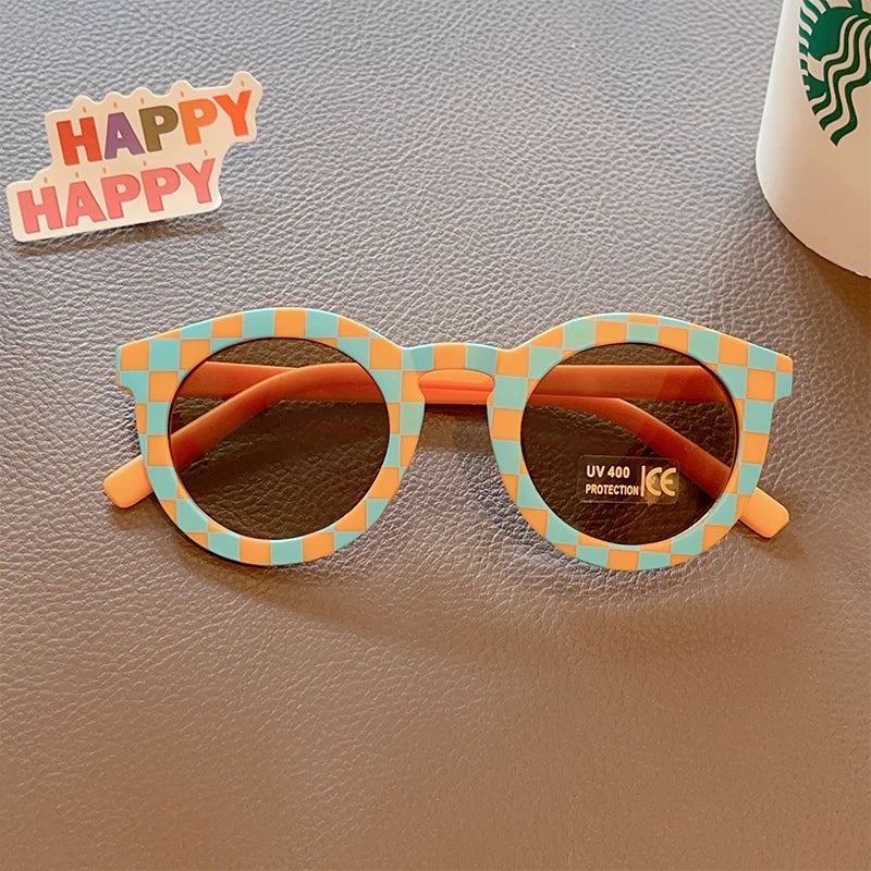 Kids Cute Checker Panel Color Round UV400 Sunglasses