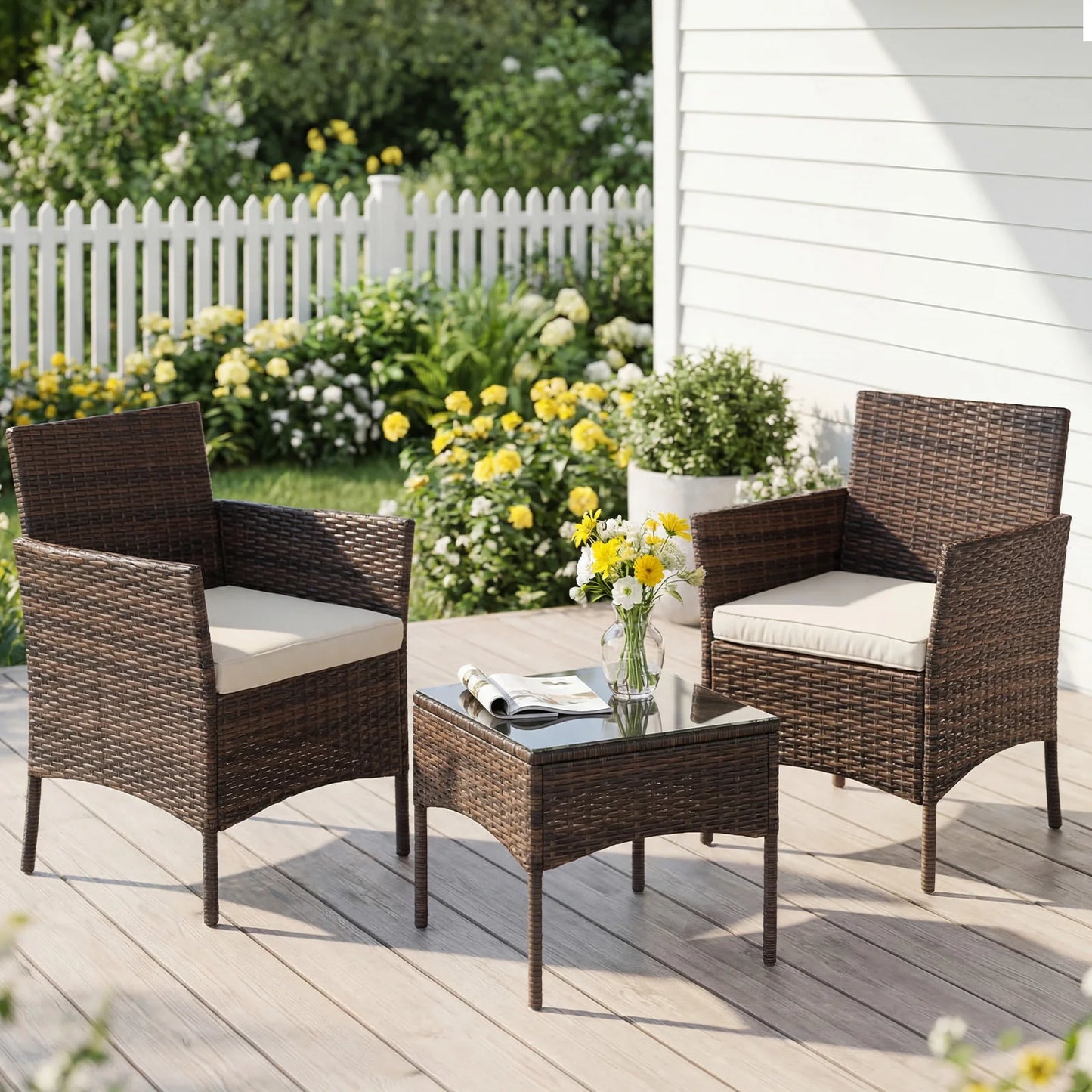 3 Piece Outdoor Patio Furniture Set,  2 Manual Weaving Wicker Rattan Patio Chairs with Soft Cushion and Glass Table