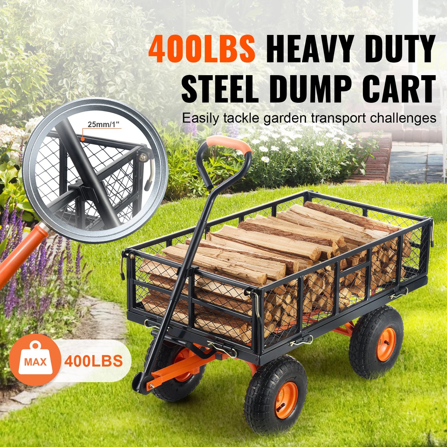Garden Cart, Sturdy Metal Utility Wagon with Simple Assembly. Versatile Dump Cart Wheelbarrow with 400/880lbs Capacity