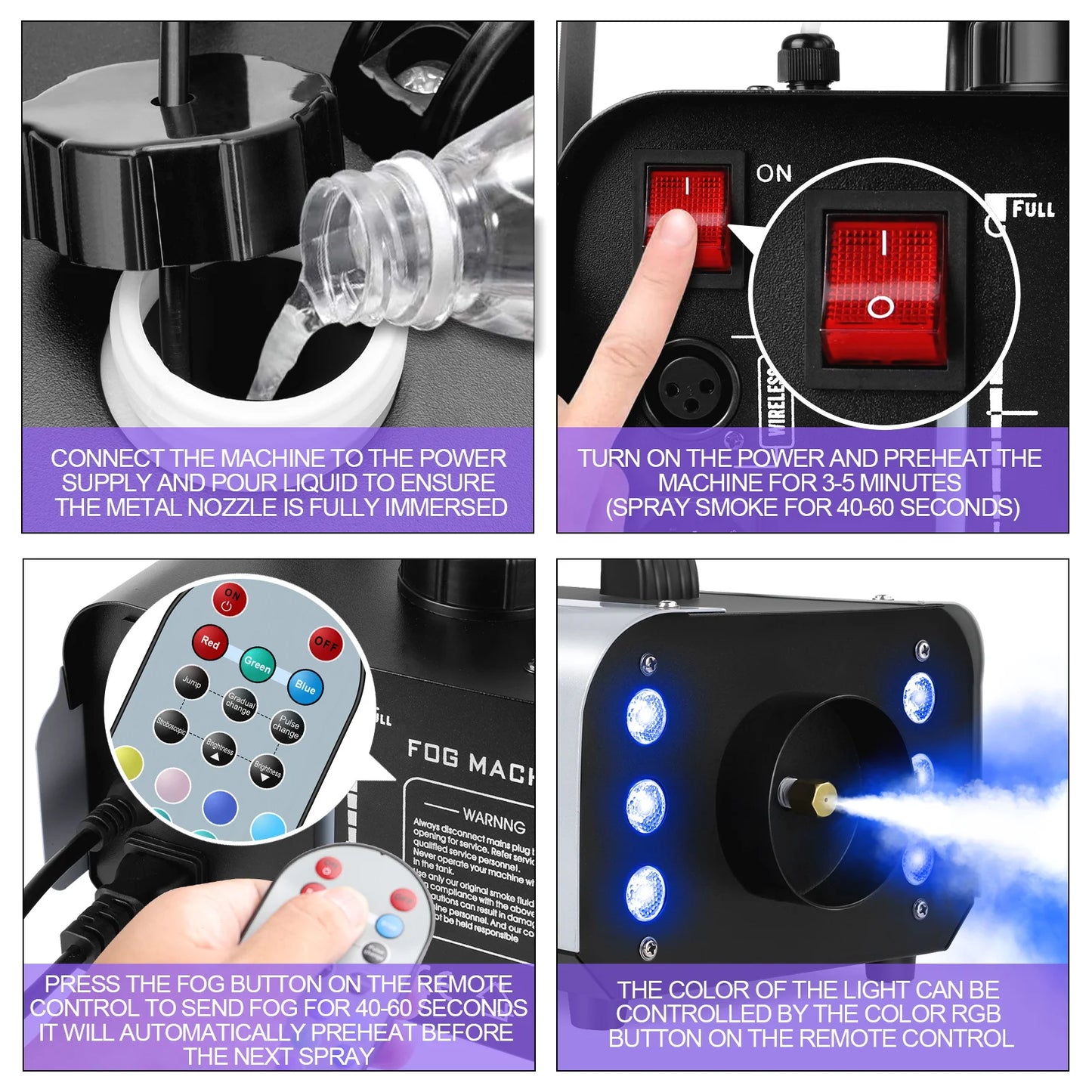 1200W Fog Machine 6LEDs Remote Fogger Colorful Smoke Machine