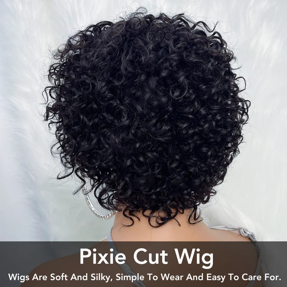 Pixie Cut Human Hair Wig, Rose Curly Funmi Glue less, with Bangs, Short Bouncy Curly
