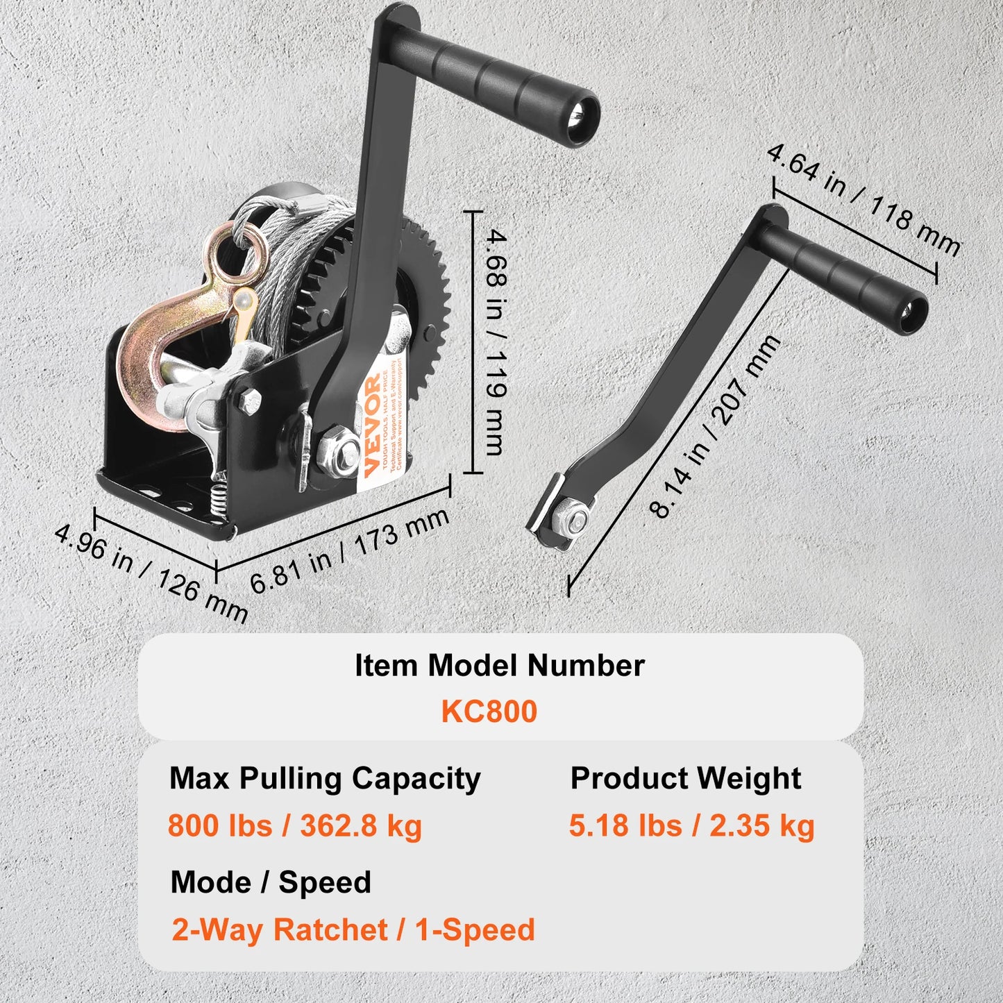 Boat Trailer Hand Winch, Heavy Duty Crank with 33 ft Steel Wire Cable and Two-Way Ratchet for Trailer Boat