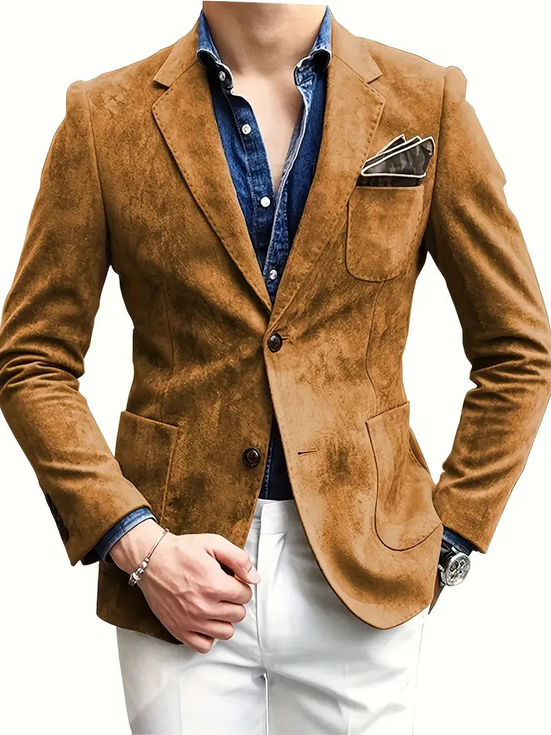 Men's Slim Fit Faux Suedette Blazer with Lapel Collar Long Sleeve