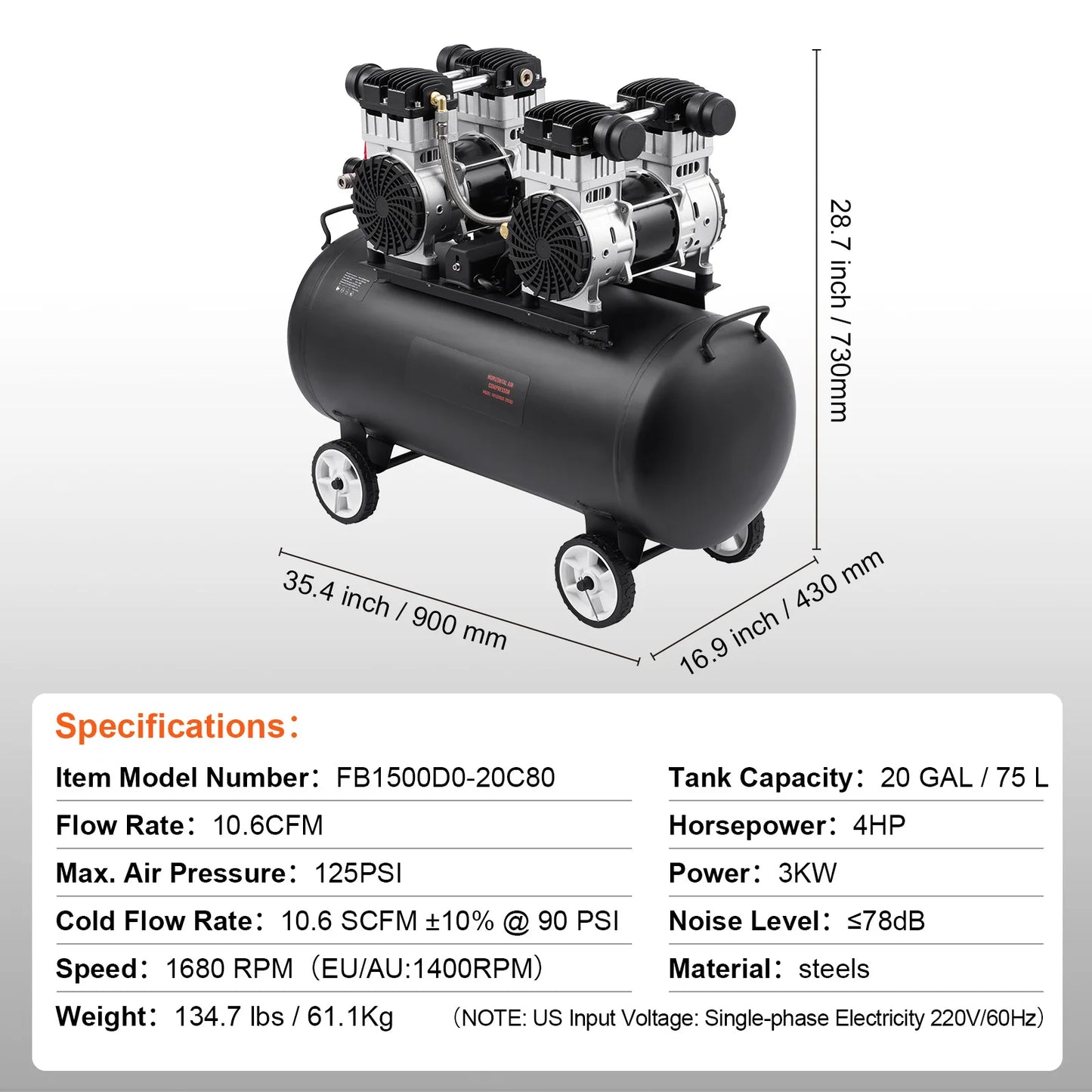 750W/1450W/3000W Oil Free Air Compressor, Portable Compressor