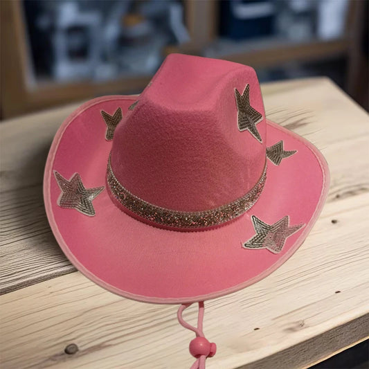 Women Glitter Cowboy Hat with Sequin Stars and Wide Brim