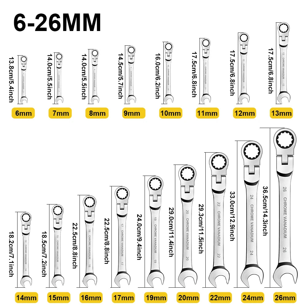 12/14/16/17pcs Flex-Head Ratchet Wrench Set, 6-26mm, 72 Teeth, Cr-V Constructed Combination End