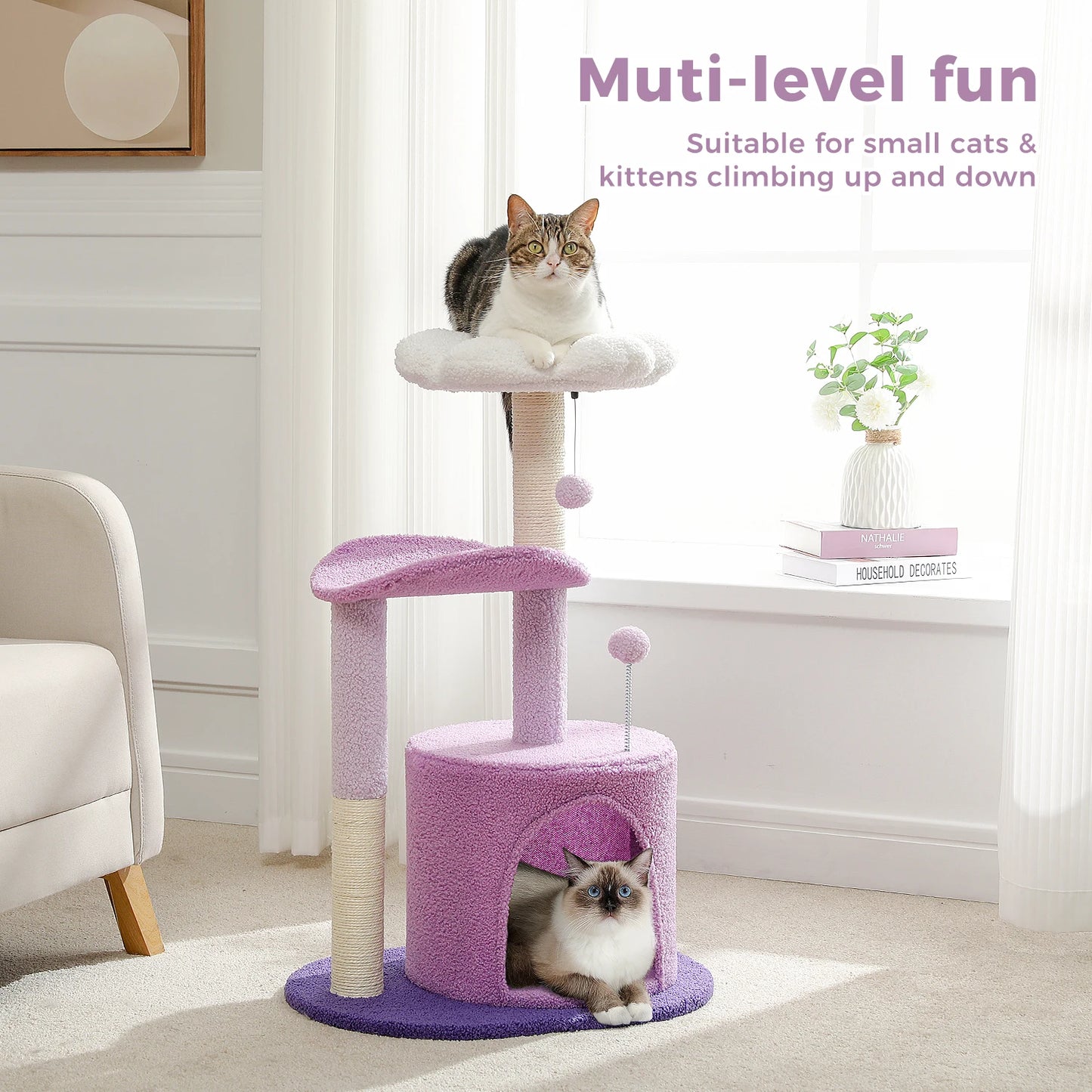 Flower Cat Tree for Cats, Small Cat Tower with Sisal Scratching Post, Soft Condo, Plush Perches, Fluffy Balls, Cat Toys