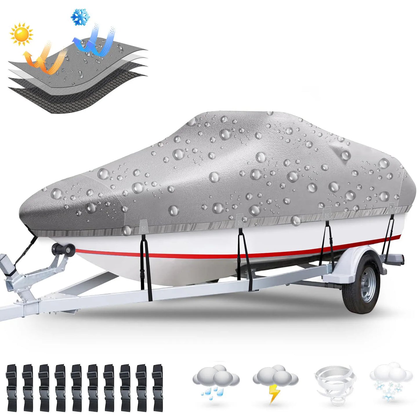 Boat Cover, Heavy Duty 420D Silver-coated Oxford Cloth Trailerable Boat Covers,Waterproof & Sun-proof,For Fish Boat,V-Hull Boat