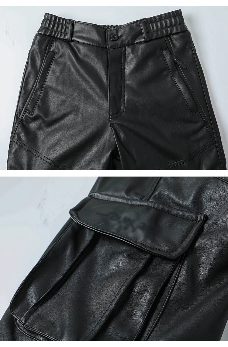 Men, Women's Multi Pockets Motorcycle Soft Waterproof Windproof Biker Faux Leather Cargo Pants