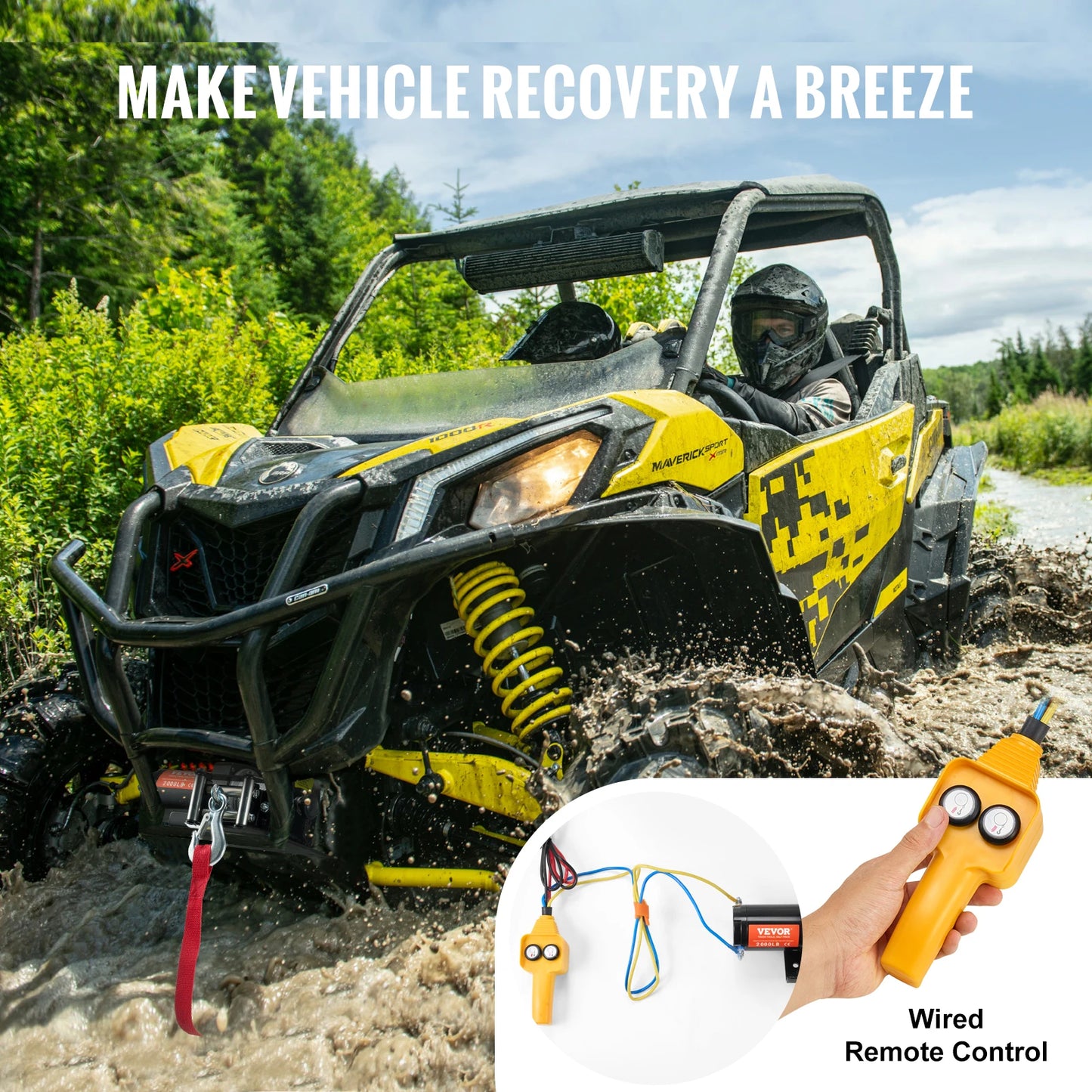 2000lbs Electric Car Winch, ATV/UTV Steel Cable Winch with Wired Remote Control for Towing, Off-Road Vehicle