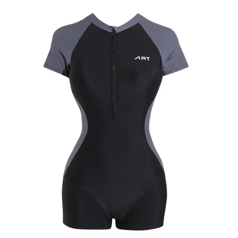 New Short Sleeve Swimsuit Women One Piece Rash Guards Surf Bodysuit Zipper Swimwear