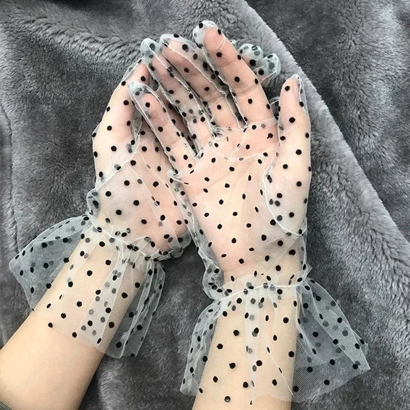 Transparent Dot Print Black White Mesh Tulle Glove